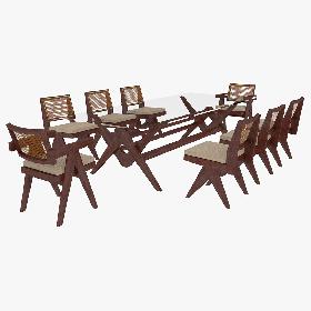 3D model Cassina Jeanneret Capitol Complex Glass Table with Office Chair and Mahogany Chair Set